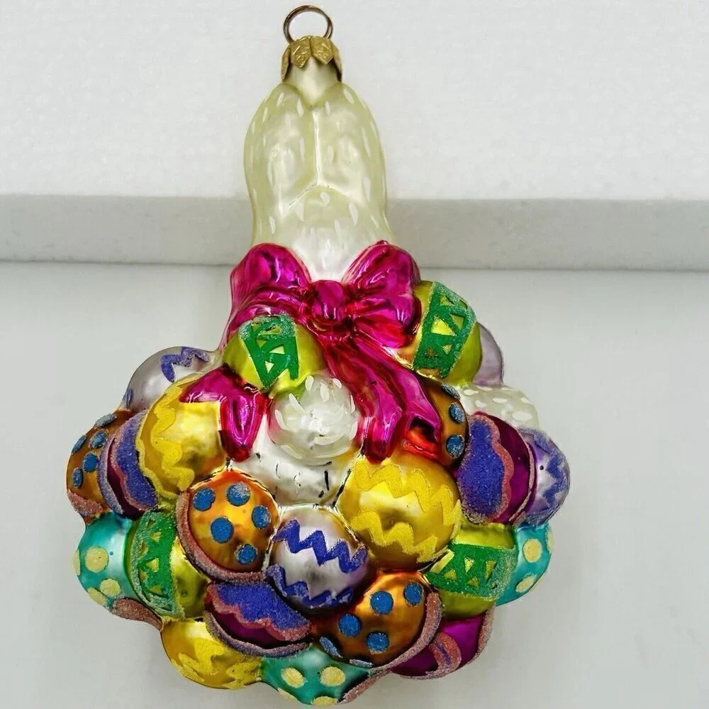 Vintage Christopher Radko Glass Ornament Hoppy Easter Bunny on Colorful Eggs 6x5